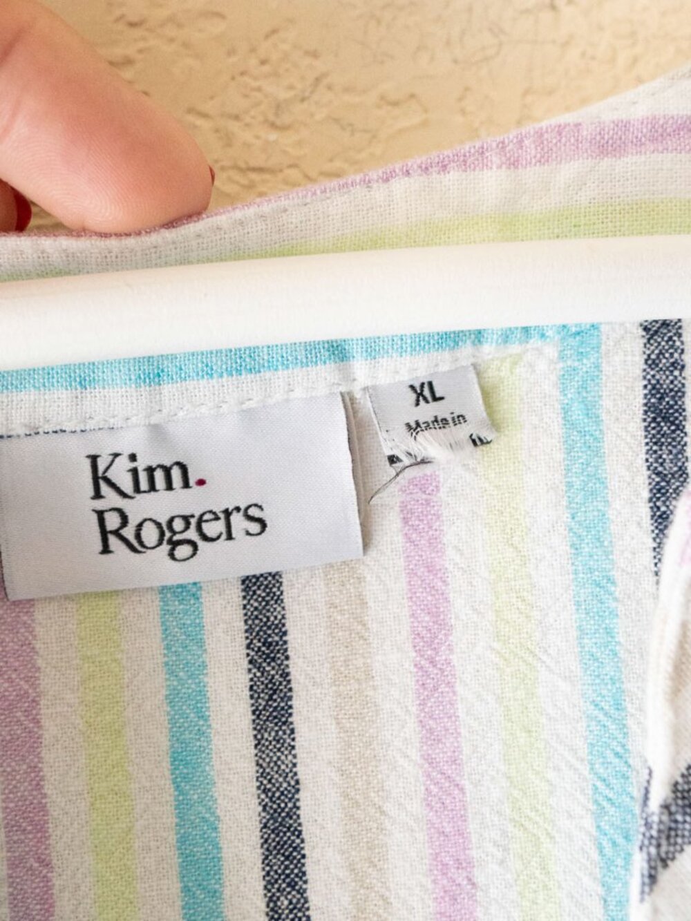 Kim Rogers Linen Blend Top XL Pastel Stripe Tie Sleeve Popover Blouse Coastal - Picture 4 of 14